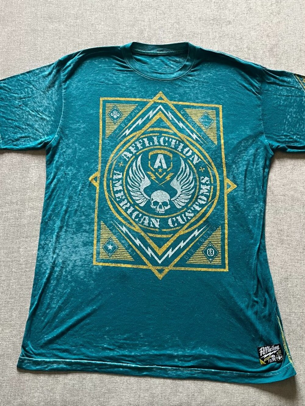 Affliction T Shirt Men XL Aqua Blue American Customs Skull Graphic Tee Y2K